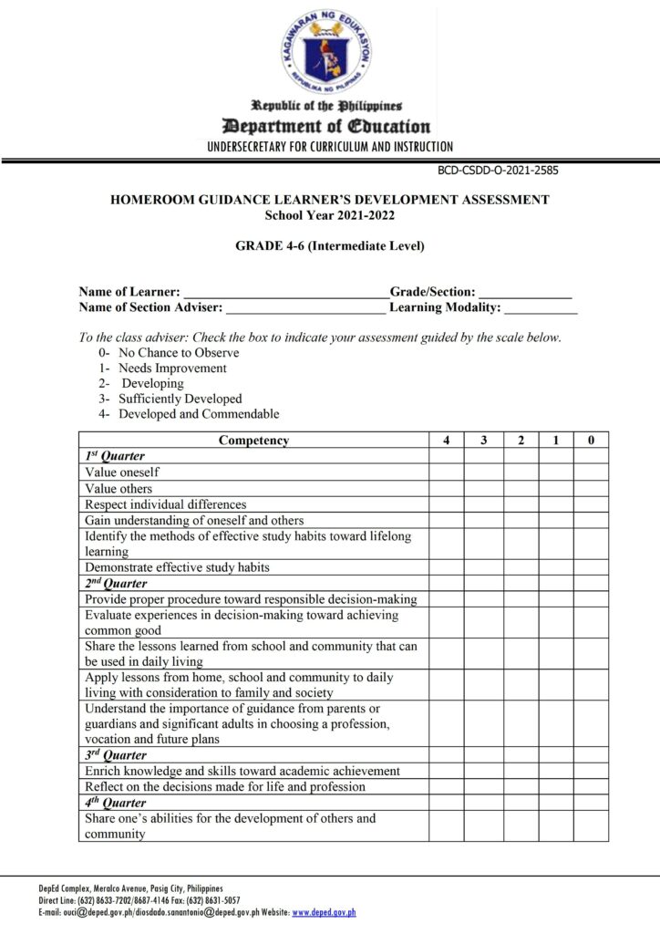 DepEd Grade 4-6 Homeroom Guidance Learner’s Development Assessment Intermediate Level