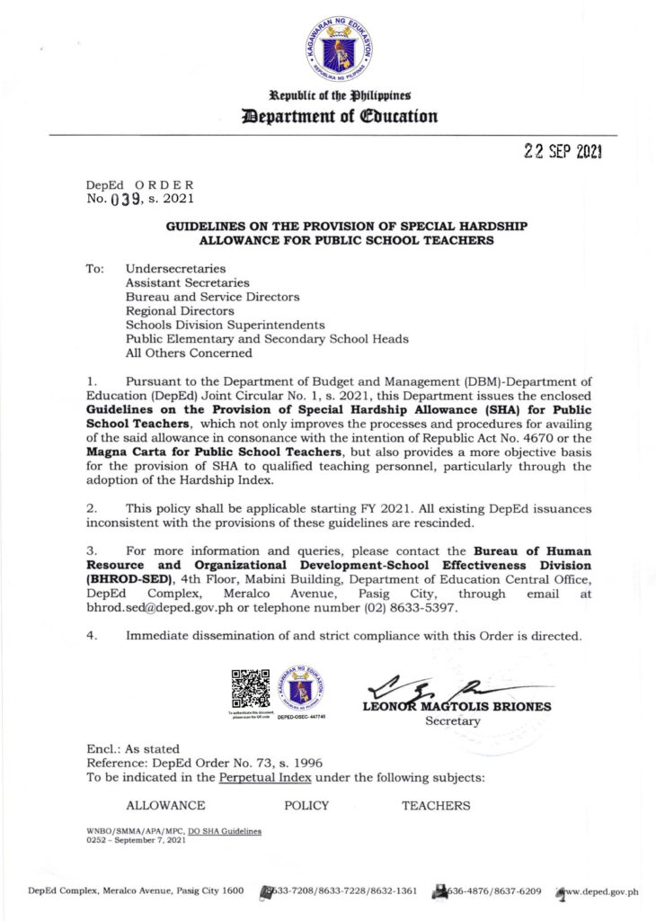 DepEd Guidelines on the Grant of Special Hardship Allowance for Public School Teachers FY 2021