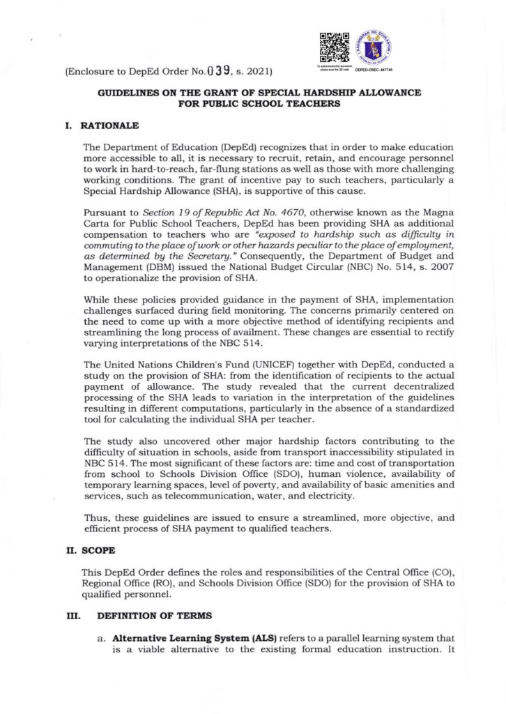 DepEd Guidelines on the Grant of Special Hardship Allowance for Public School Teachers FY 2021