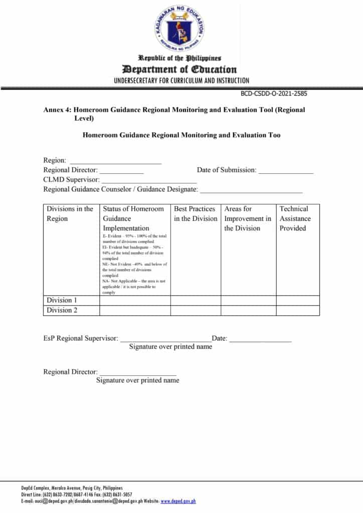 DepEd Homeroom Guidance Regional Monitoring and Evaluation Tool