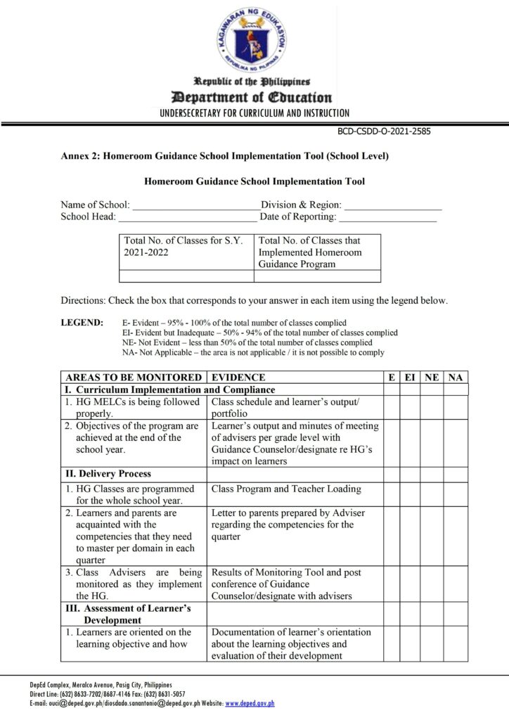 DepEd Homeroom Guidance School Implementation Tool (School Level)