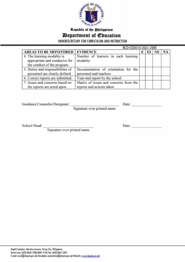 DepEd Homeroom Guidance School Implementation Tool (School Level)