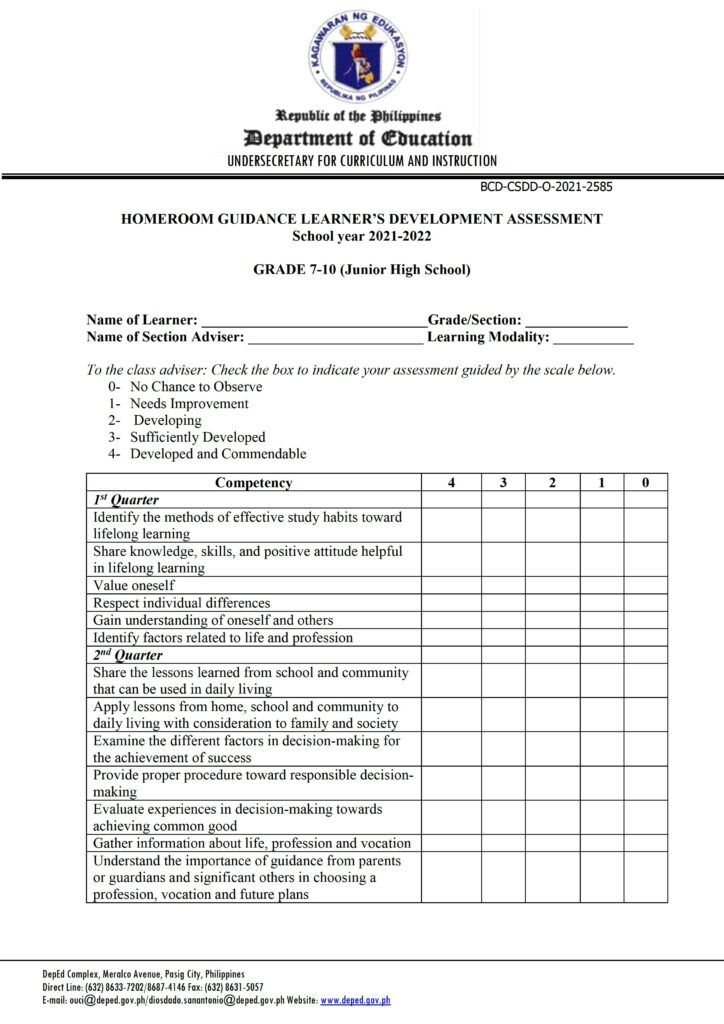 DepEd Junior High School Homeroom Guidance Learner’s Development Assessment