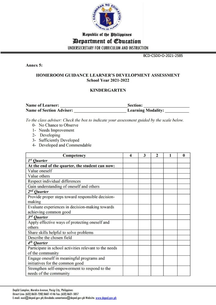 DepEd Kindergarten Homeroom Guidance Learner’s Development Assessment