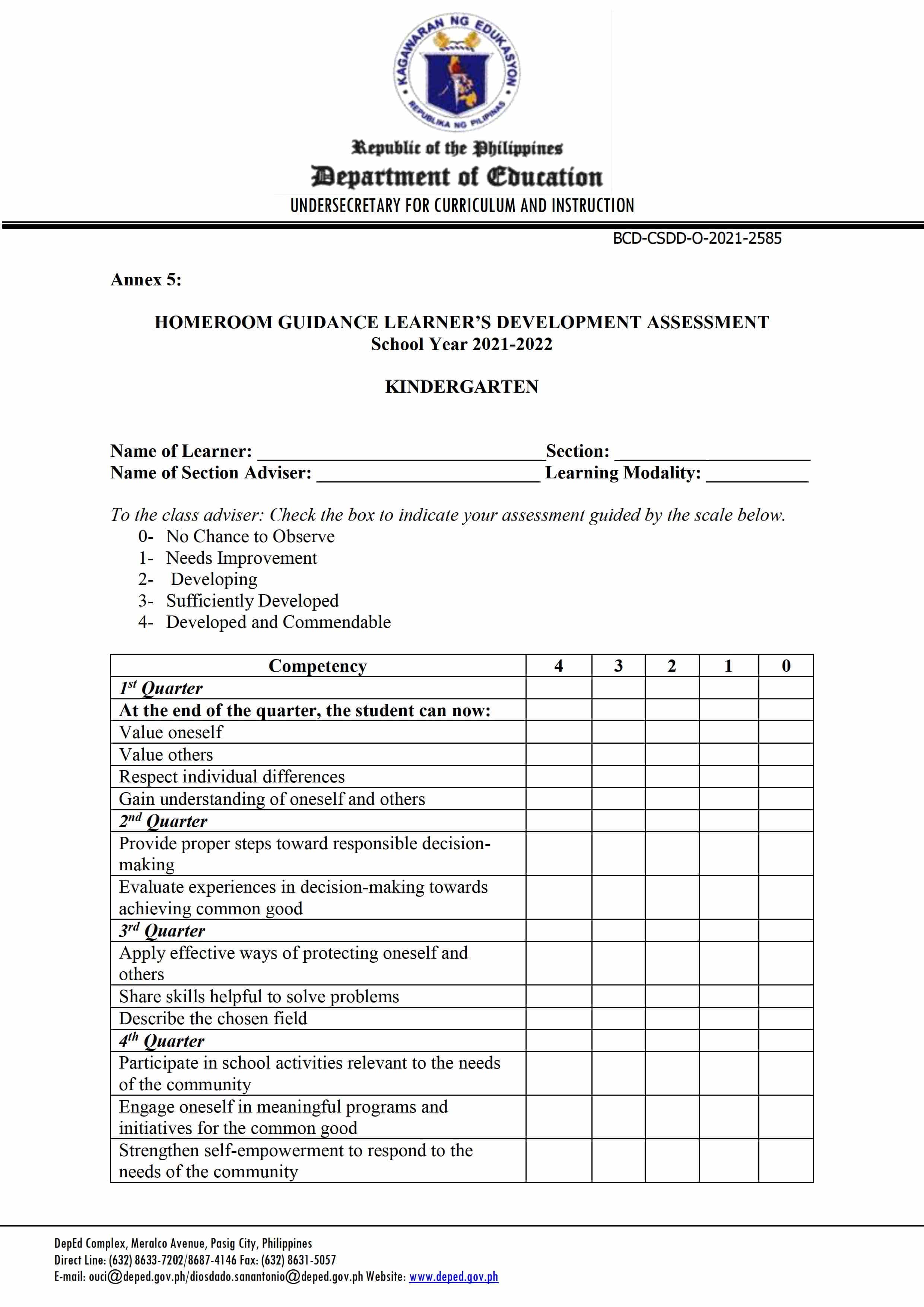 deped kindergarten homeroom guidance learners development assessment