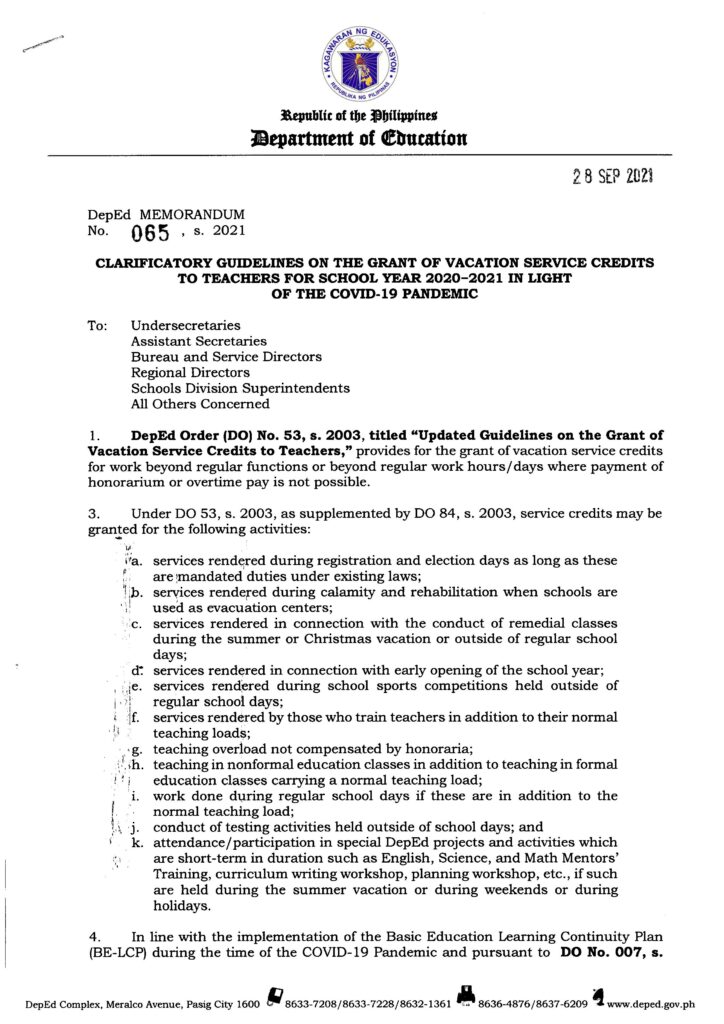 DepEd Clarificatory Guidelines on the Grant of Vacation Service Credits to Teachers for School Year 2020-2021 in Light of the COVID-19 Pandemic