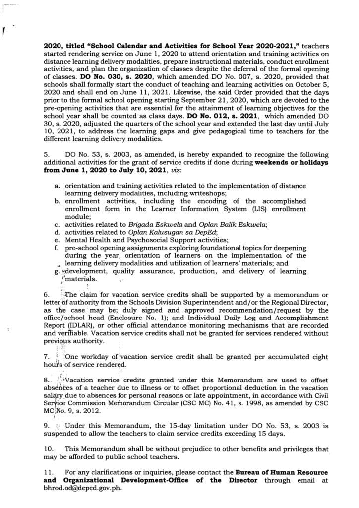 DepEd Clarificatory Guidelines on the Grant of Vacation Service Credits to Teachers for School Year 2020-2021 in Light of the COVID-19 Pandemic