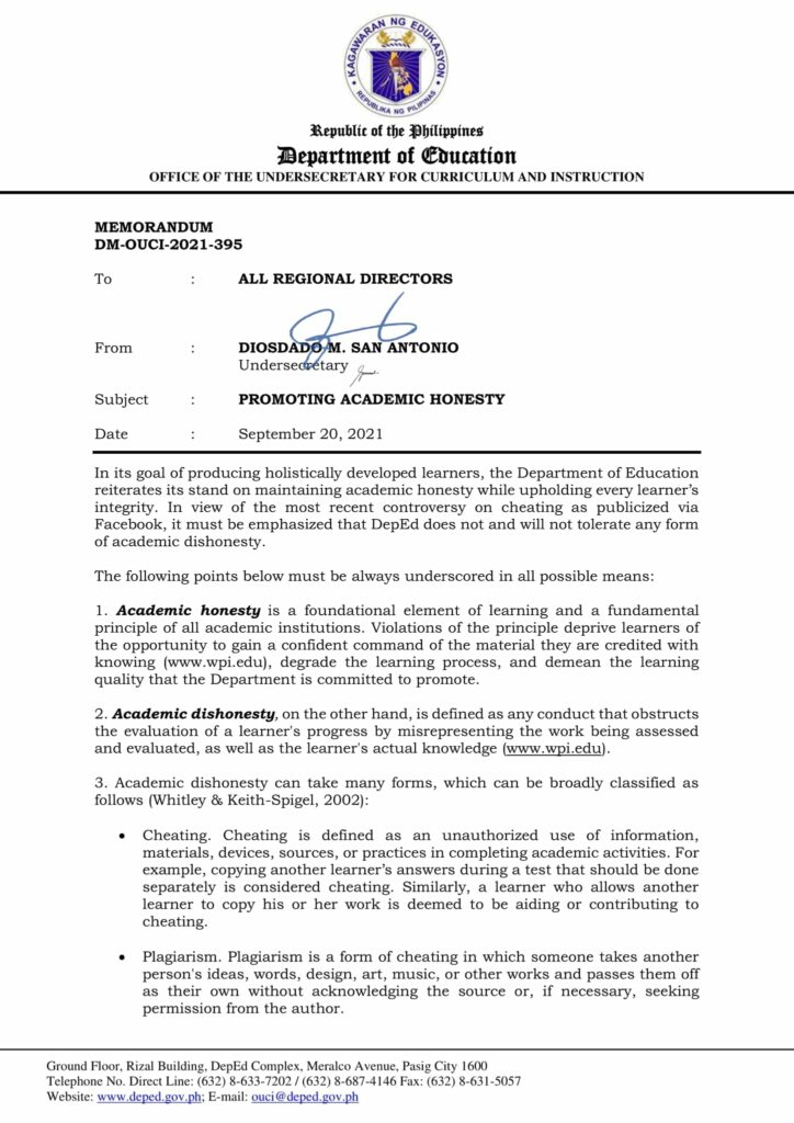 DepEd Memorandum on Promoting Academic Honesty