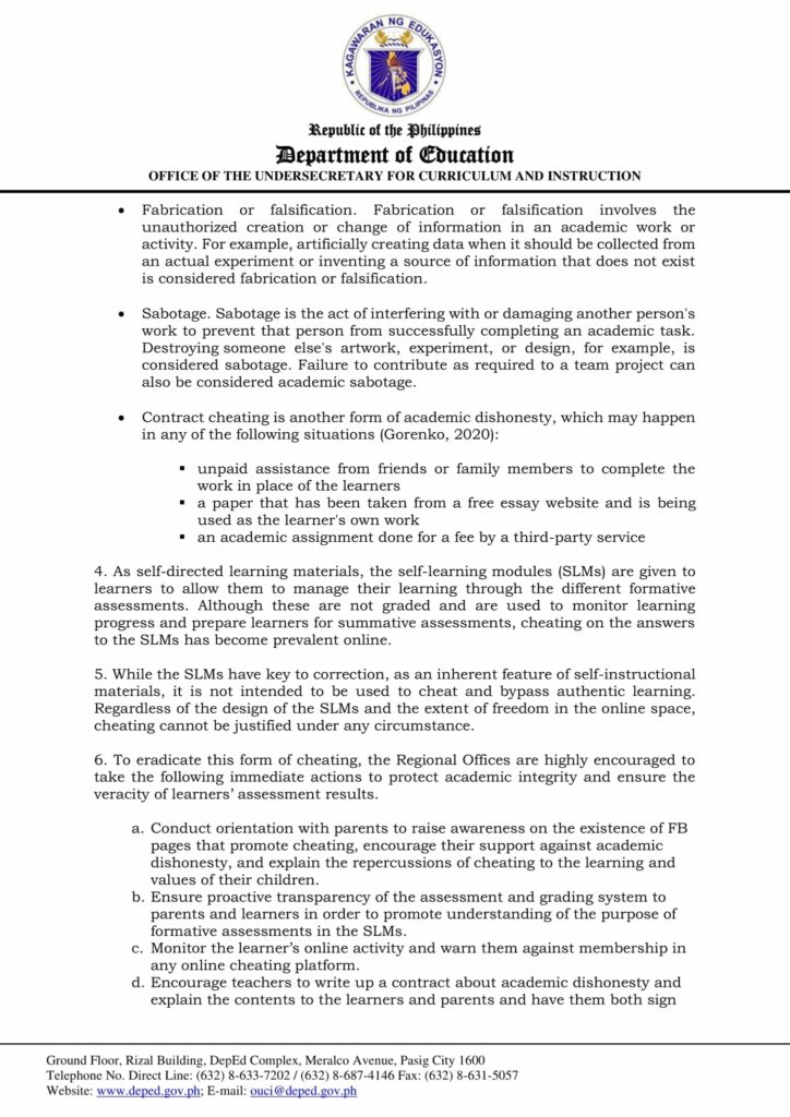 DepEd Memorandum on Promoting Academic Honesty