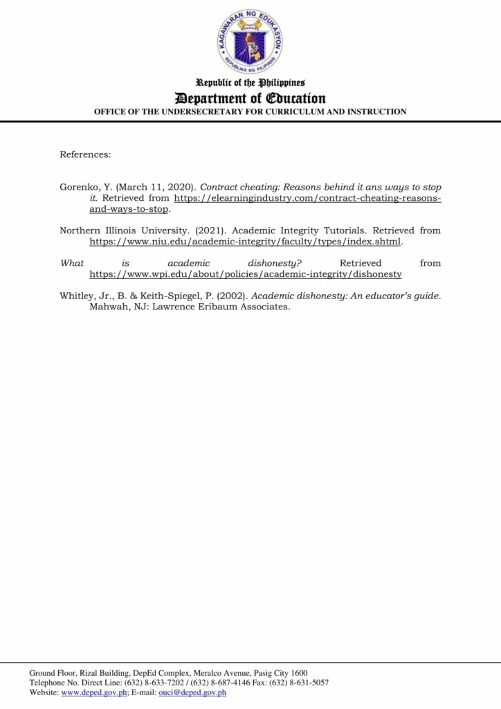DepEd Memorandum on Promoting Academic Honesty