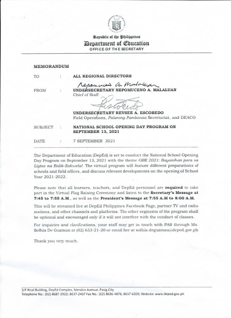 DepEd National School Opening Day Program on September 13, 2021