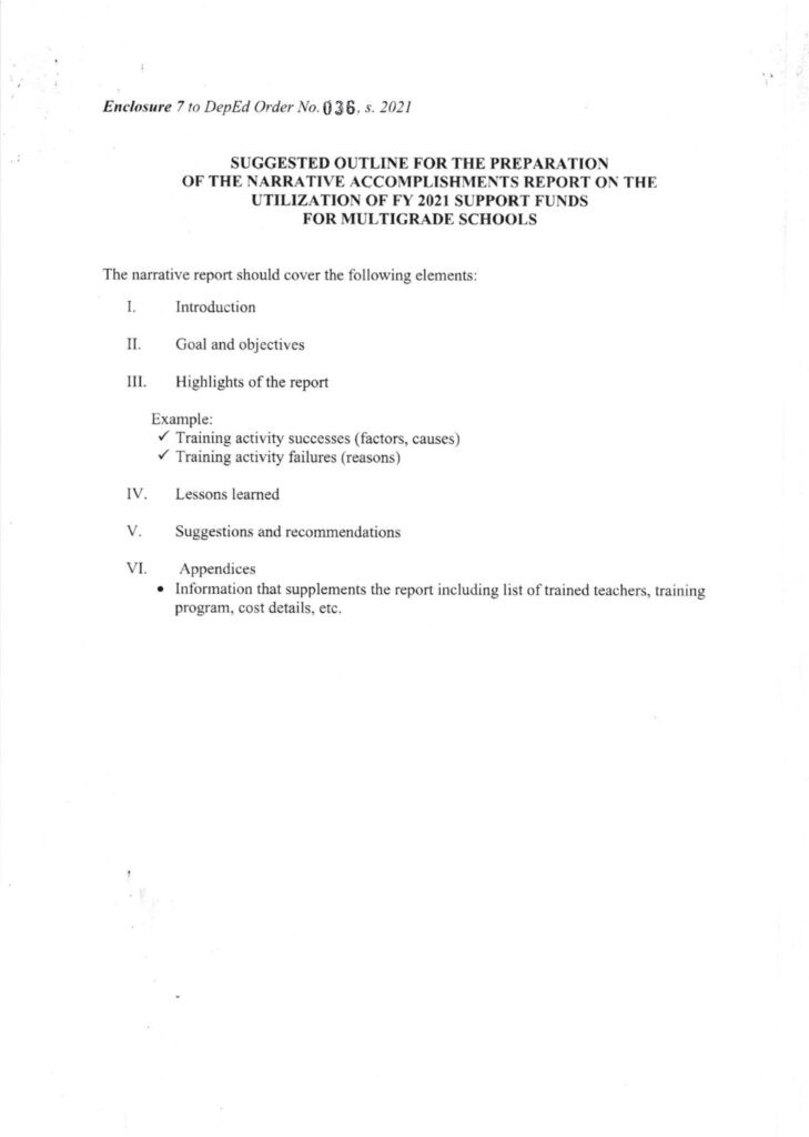 SUGGESTED OUTLINE FOR THE PREPARATION OF THE NARRATIVE ACCOMPLISHMENTS REPORT ON THE UTILIZATION OF FY 2021 SUPPORT FUNDS FOR MULTIGRADE SCHOOLS