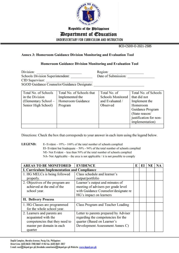 DepEd Revised Implementation of Homeroom Guidance for School Year 2021-2022