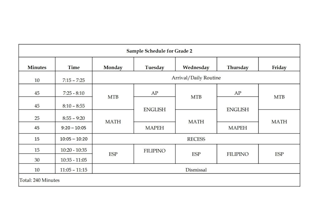 Sample Schedule for Grade 2