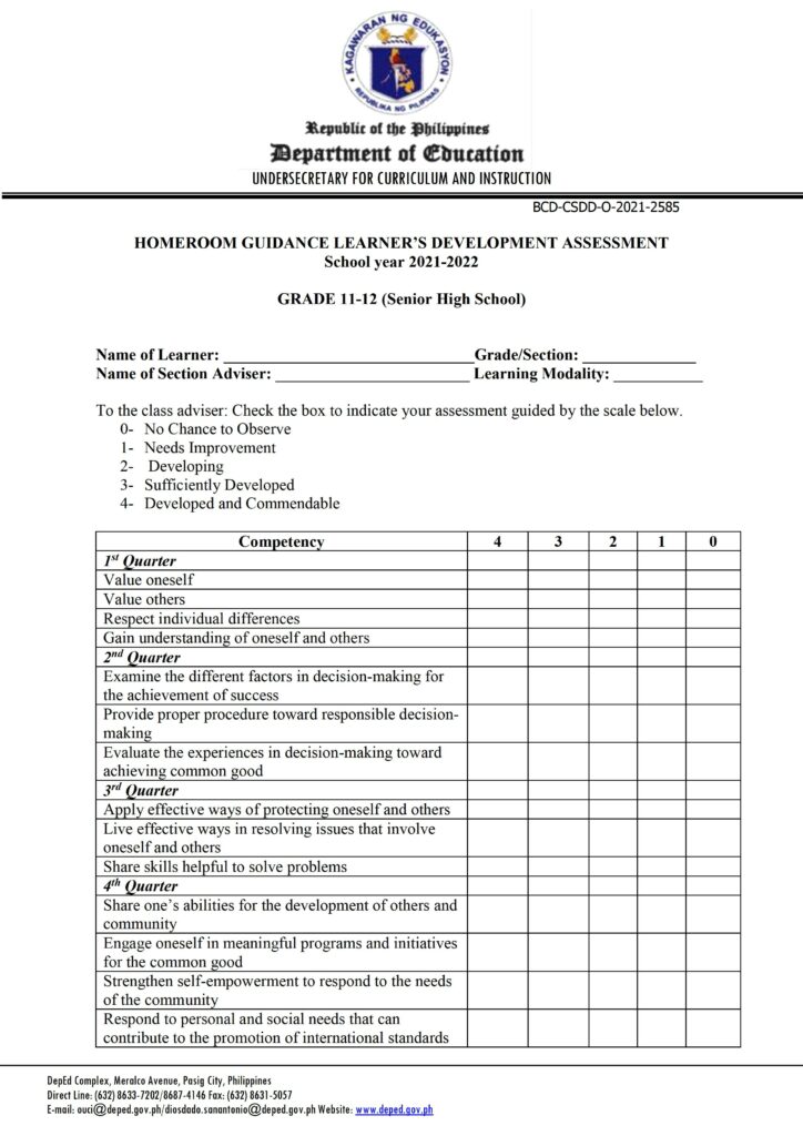 DepEd Senior High School Homeroom Guidance Learner’s Development Assessment