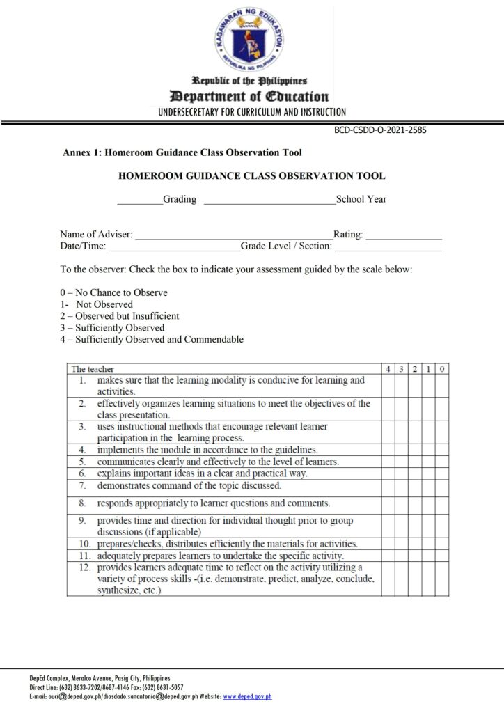 Homeroom Guidance Class Observation Tool for School Year 2021-2022