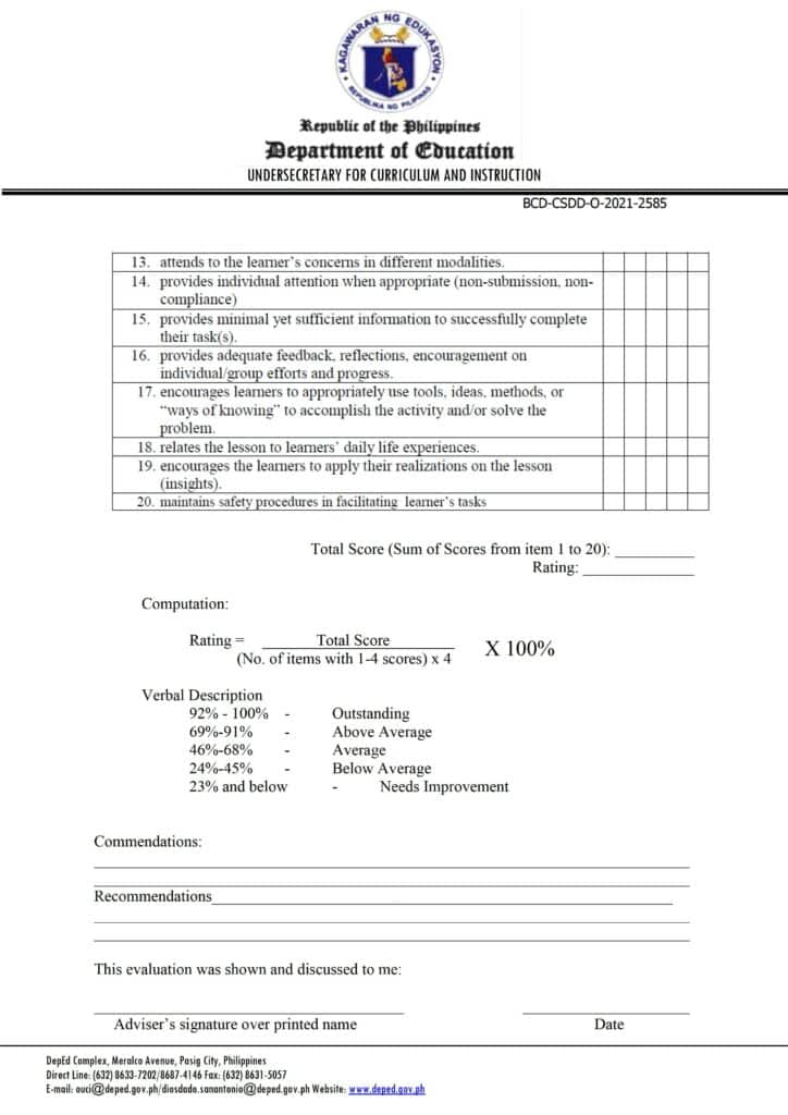 Homeroom Guidance Class Observation Tool for School Year 2021-2022