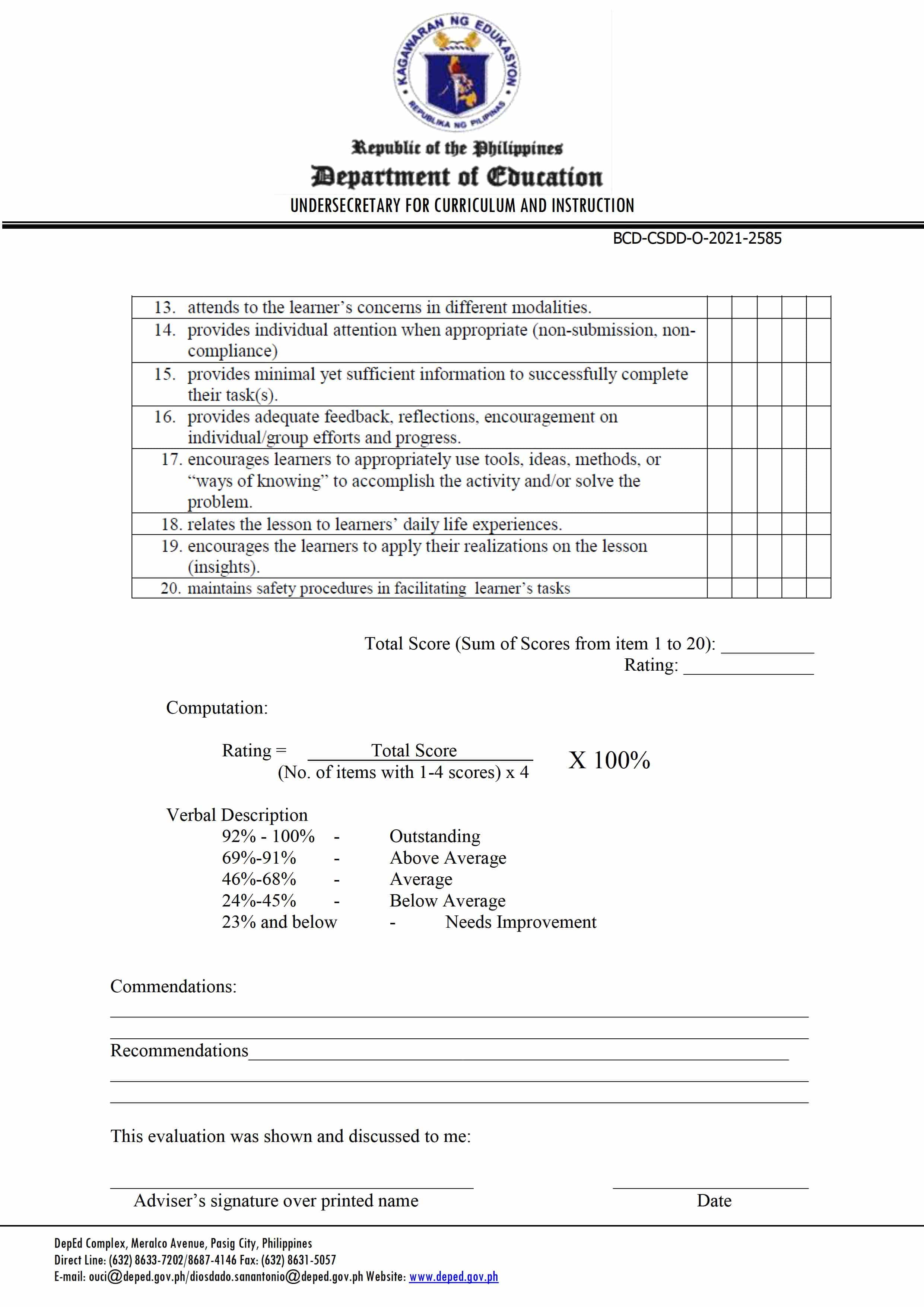 Homeroom Guidance Class Observation Tool For School Year 2021 2022 Page 2 