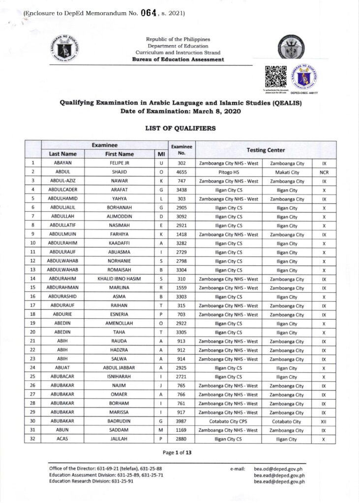 March 2020 Qualifying Examination in Arabic Language and Islamic Studies (QEALIS)