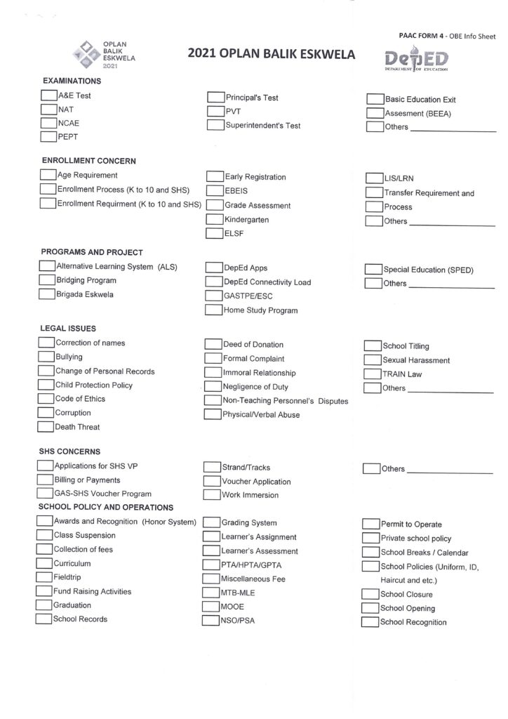 Oplan Balik Eskwela (OBE) 2021 Form