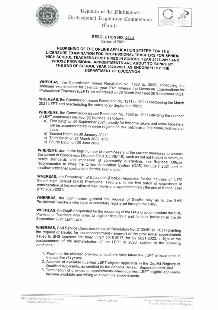 PRC RESOLUTION NO. 1413 Series of 2021