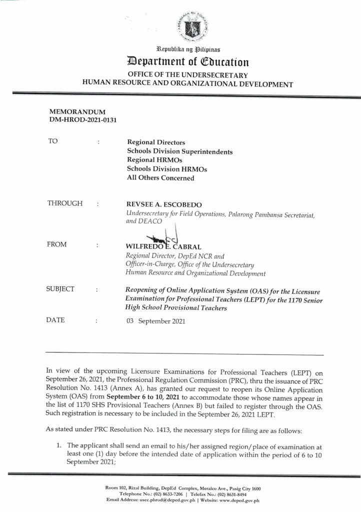 Reopening of Online Application System (OAS) for the Licensure Examination for Professional Teachers (LEPT) for the 1170 Senior High School Provisional Teachers