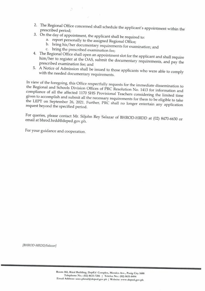 Reopening of Online Application System (OAS) for the Licensure Examination for Professional Teachers (LEPT) for the 1170 Senior High School Provisional Teachers