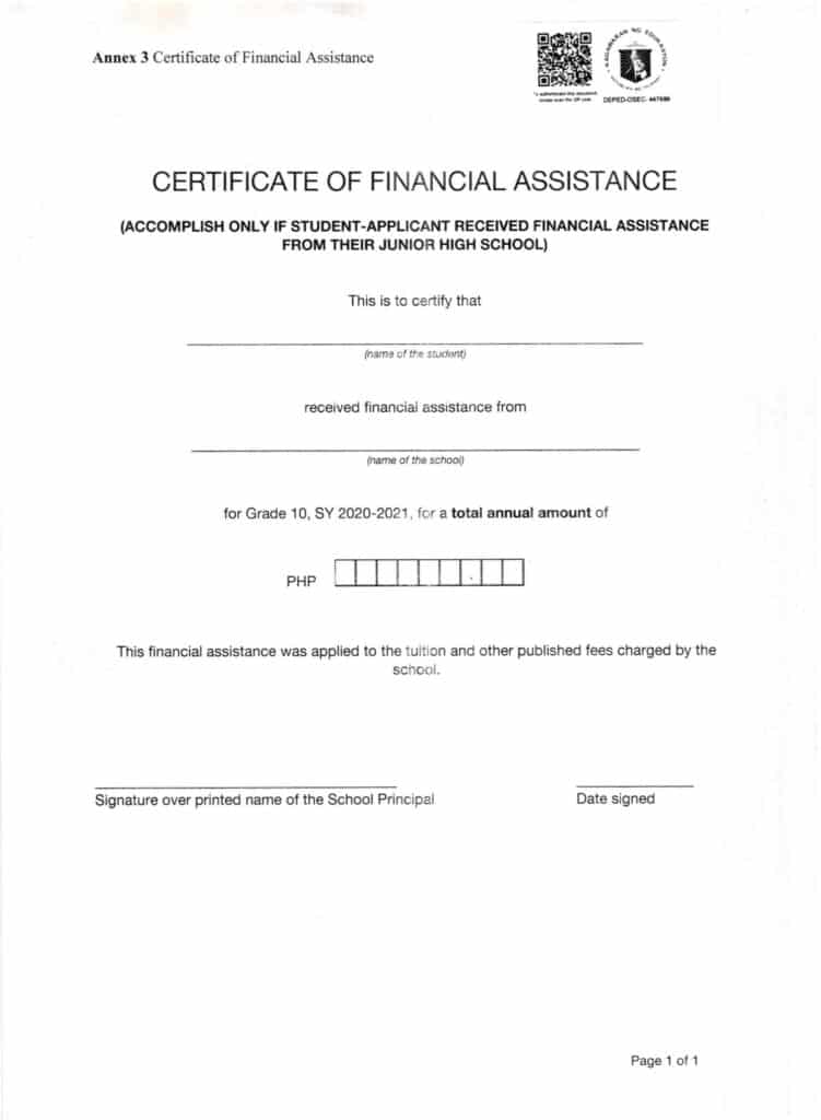 Senior High School (SHS) Voucher Program - Certificate of Financial Assistance