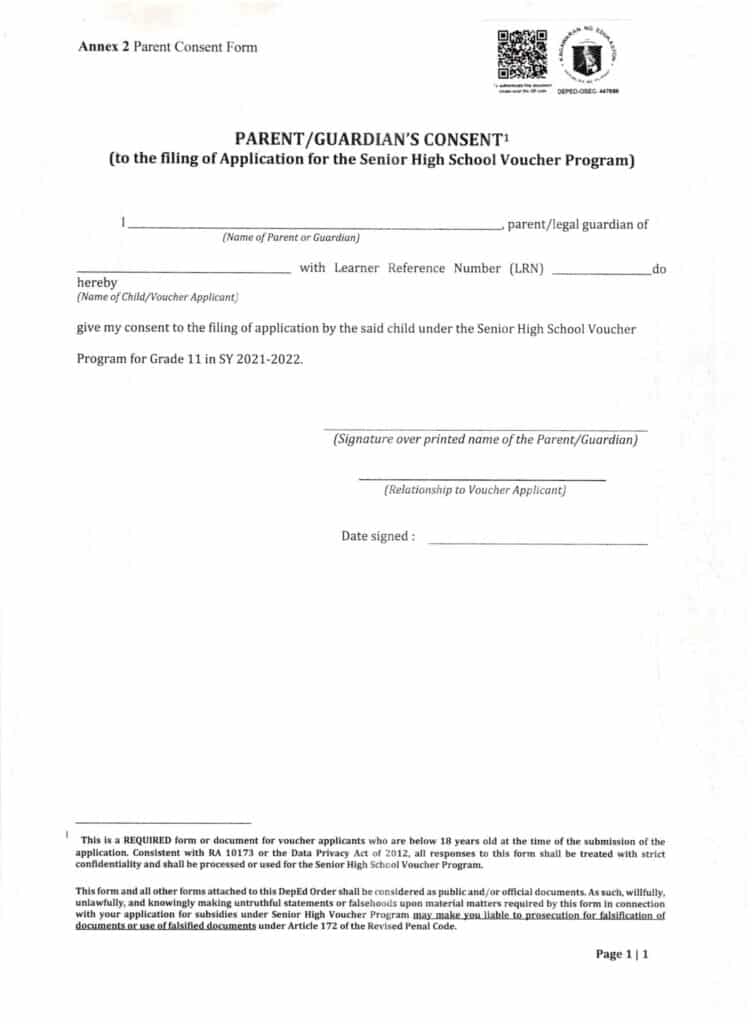 Senior High School (SHS) Voucher Program - Parent Guardian Consent Form