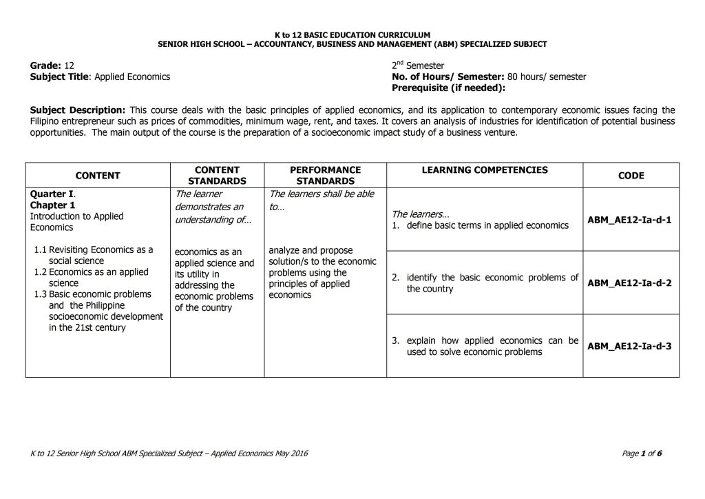 Grade 12 Applied Economics Curriculum Guide