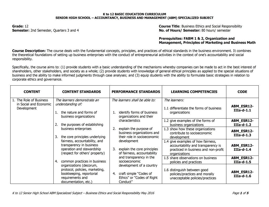 Grade 12 Business Ethics and Social Responsibility Curriculum Guide