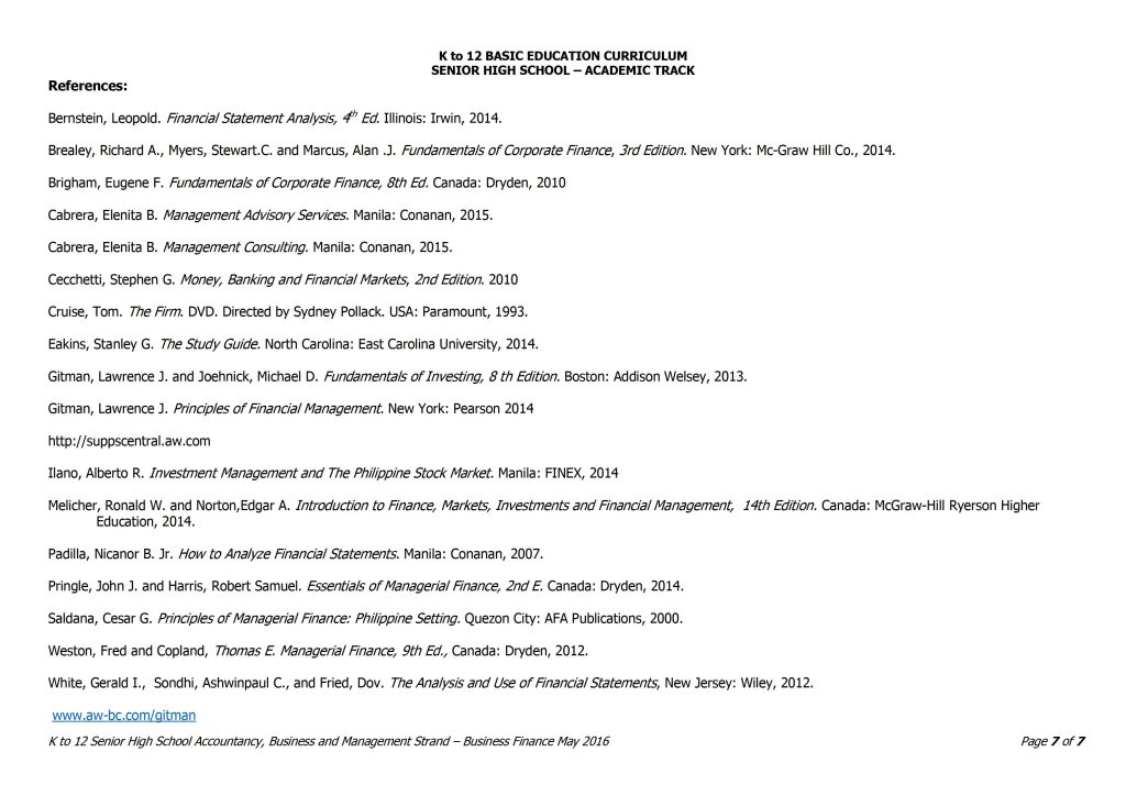 Grade 12 Business Finance Curriculum Guide