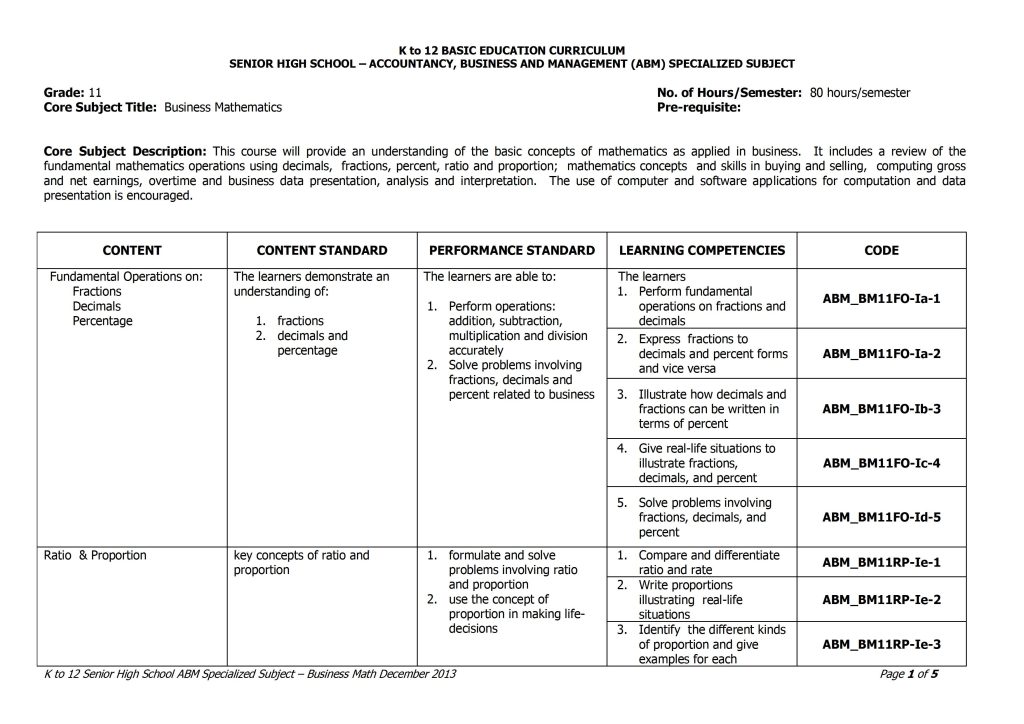 Grade 11 Business Mathematics Curriculum Guide