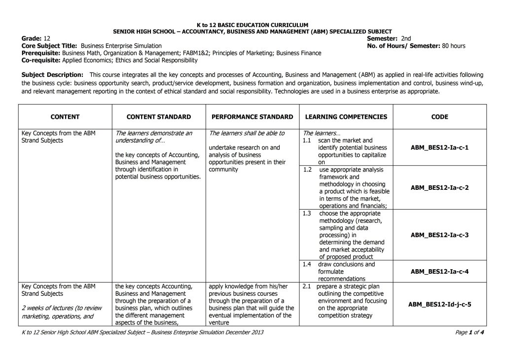 Grade 12 Business Enterprise Simulation Curriculum Guide