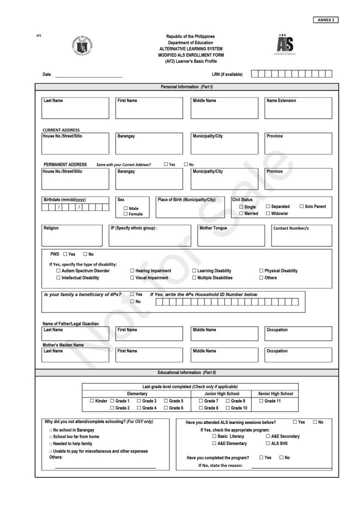 Alternative Learning System Modified ALS Enrollment Form (AF2) Learner's Basic Profile