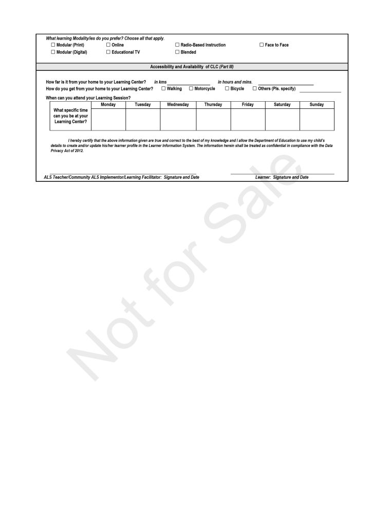 Alternative Learning System Modified ALS Enrollment Form (AF2) Learner's Basic Profile