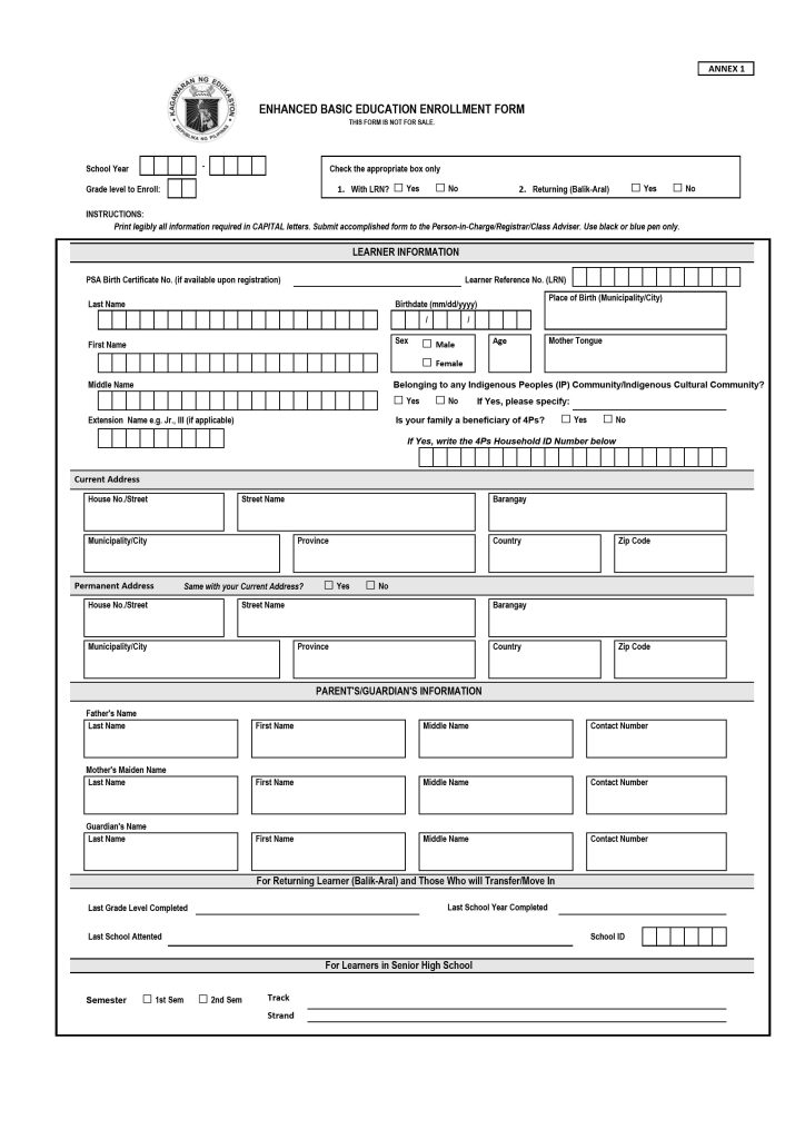 DepEd Enhanced Basic Education Enrollment Form for SY 2022-2023