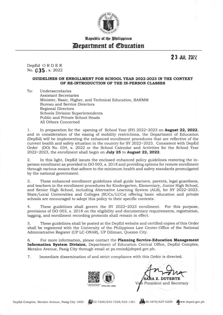 DepEd Guidelines on Enrollment for School Year 2022-2023 in the Context of the Re-Introduction of the In-person Classes