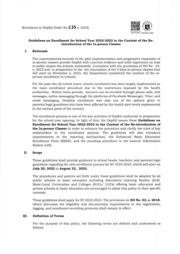 DepEd Guidelines on Enrollment for School Year 2022-2023 in the Context of the Re-Introduction of the In-person Classes