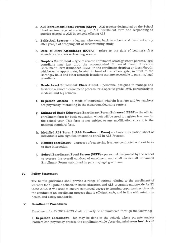 DepEd Guidelines on Enrollment for School Year 2022-2023 in the Context of the Re-Introduction of the In-person Classes