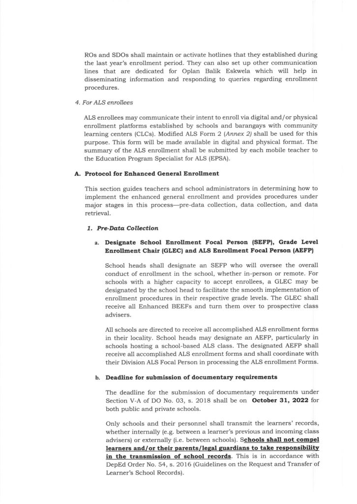 DepEd Guidelines on Enrollment for School Year 2022-2023 in the Context of the Re-Introduction of the In-person Classes