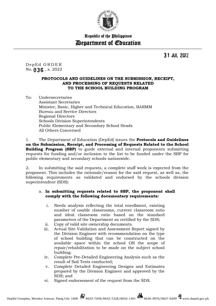 Protocols and Guidelines on the Submission, Receipt, and Processing of Requests Related to the School Building Program - DepEd Order No. 36, s. 2022