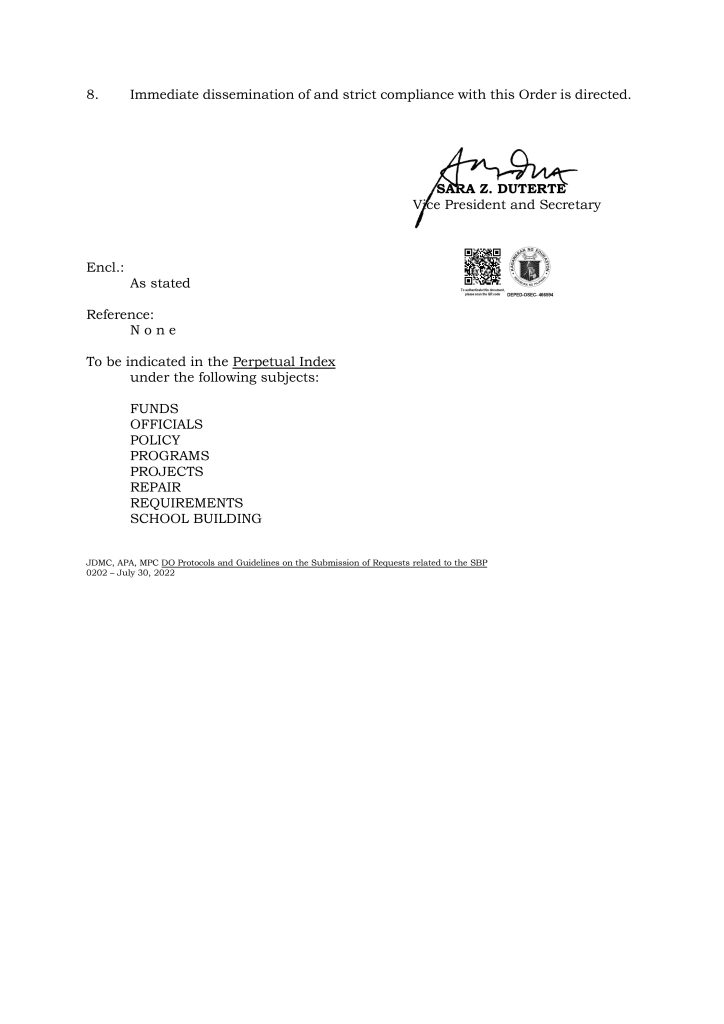 Protocols and Guidelines on the Submission, Receipt, and Processing of Requests Related to the School Building Program - DepEd Order No. 36, s. 2022