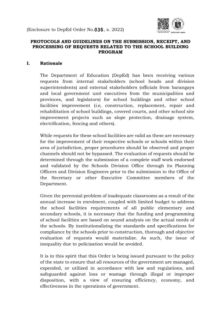 Protocols and Guidelines on the Submission, Receipt, and Processing of Requests Related to the School Building Program - DepEd Order No. 36, s. 2022