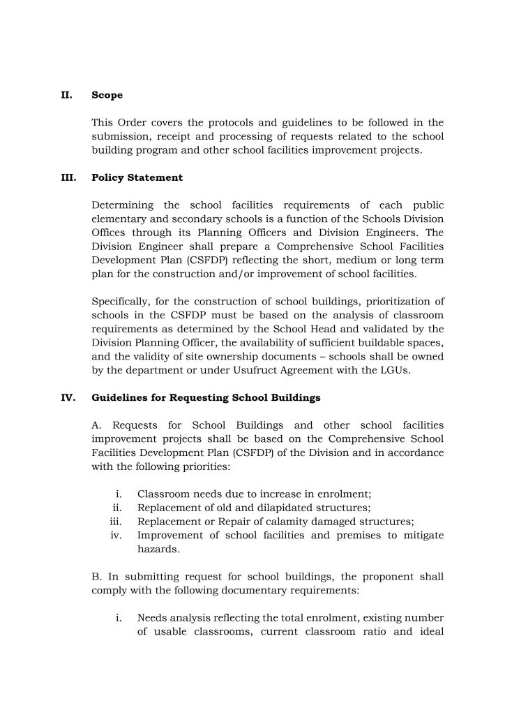 Protocols and Guidelines on the Submission, Receipt, and Processing of Requests Related to the School Building Program - DepEd Order No. 36, s. 2022