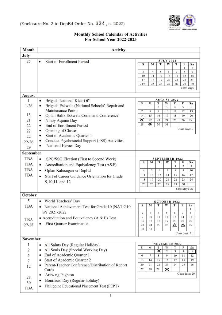 DepEd School Calendar for School Year 2022-2023