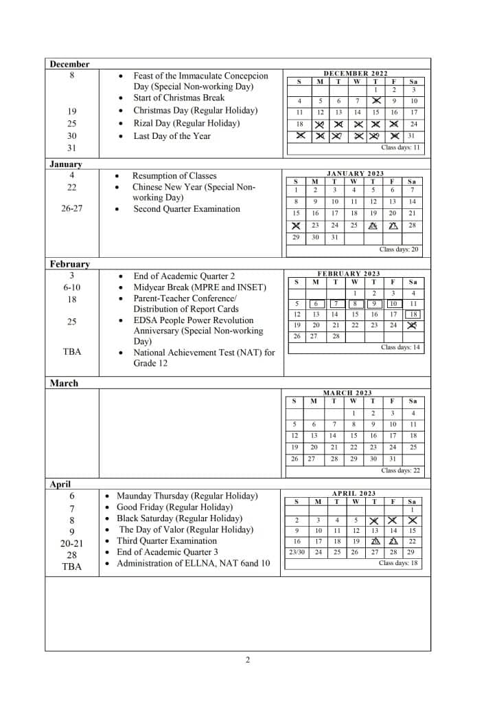DepEd School Calendar for School Year 2022-2023
