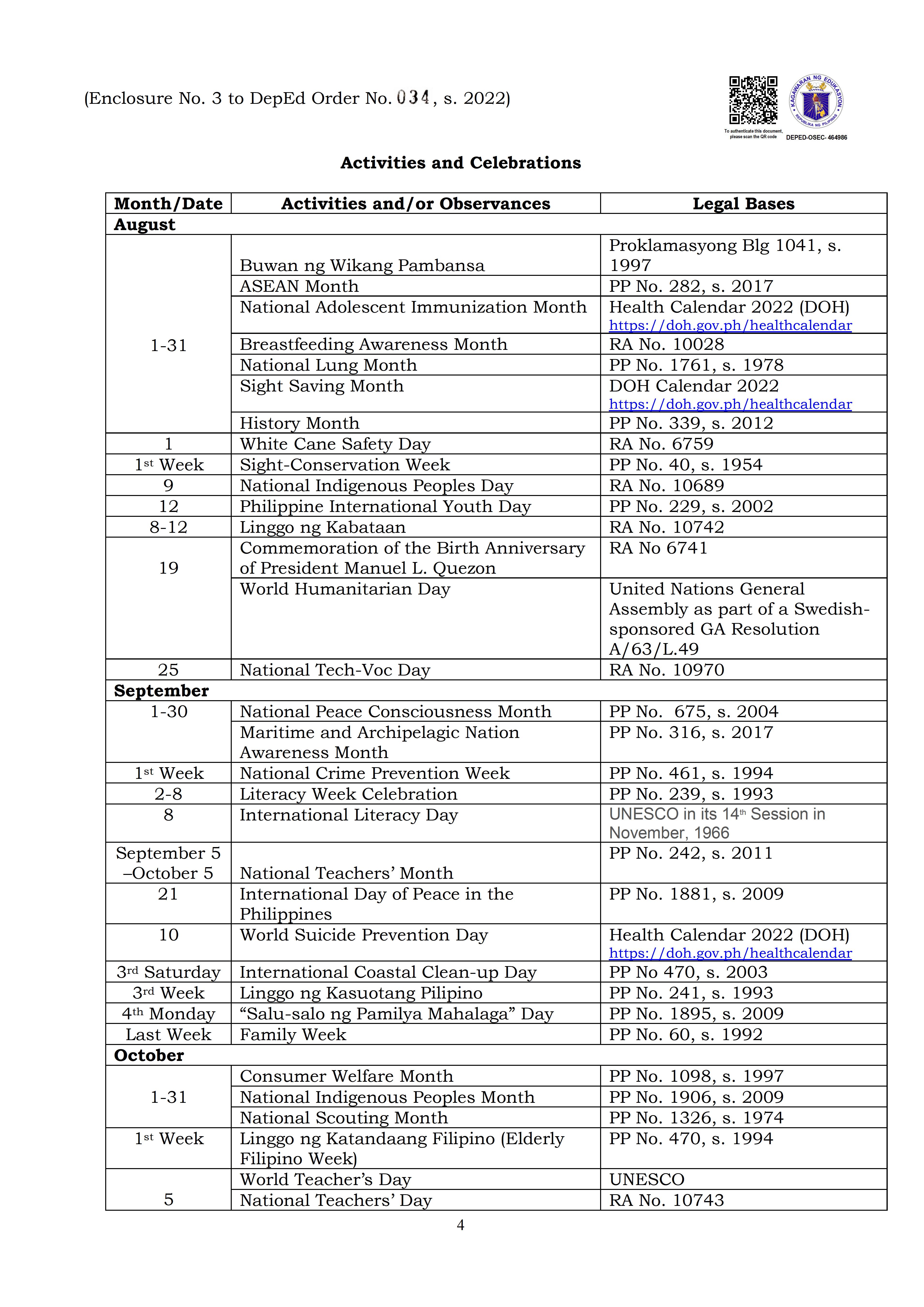 DepEd Monthly School Calendar of Activities for School Year 2022-2023