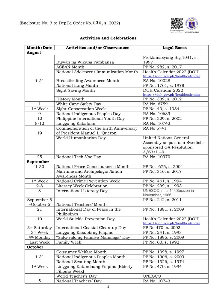 DepEd School Calendar for School Year 2022-2023