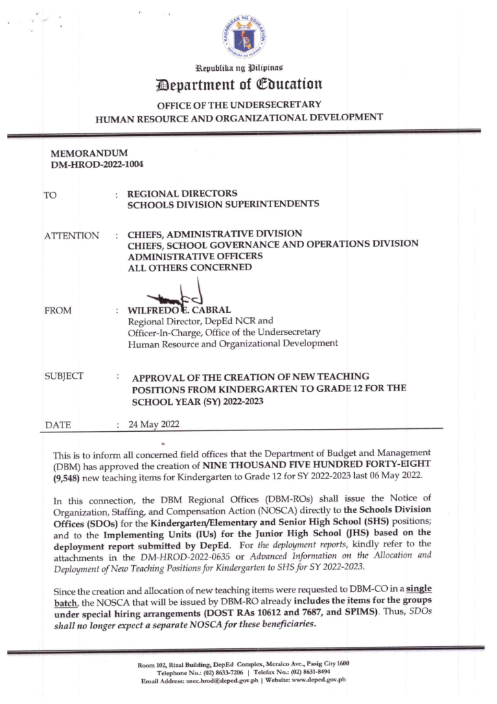 Approval of the Creation of New Teaching Positions from Kindergarten to Grade 12 for the School Year (SY) 2022-2023